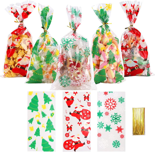 LOKIQNG 150PACK Christmas Cellophane Bags Treat Cookie Gift Bags with Twist Ties for Christmas Party Favors(150PACK, 5x10inch)