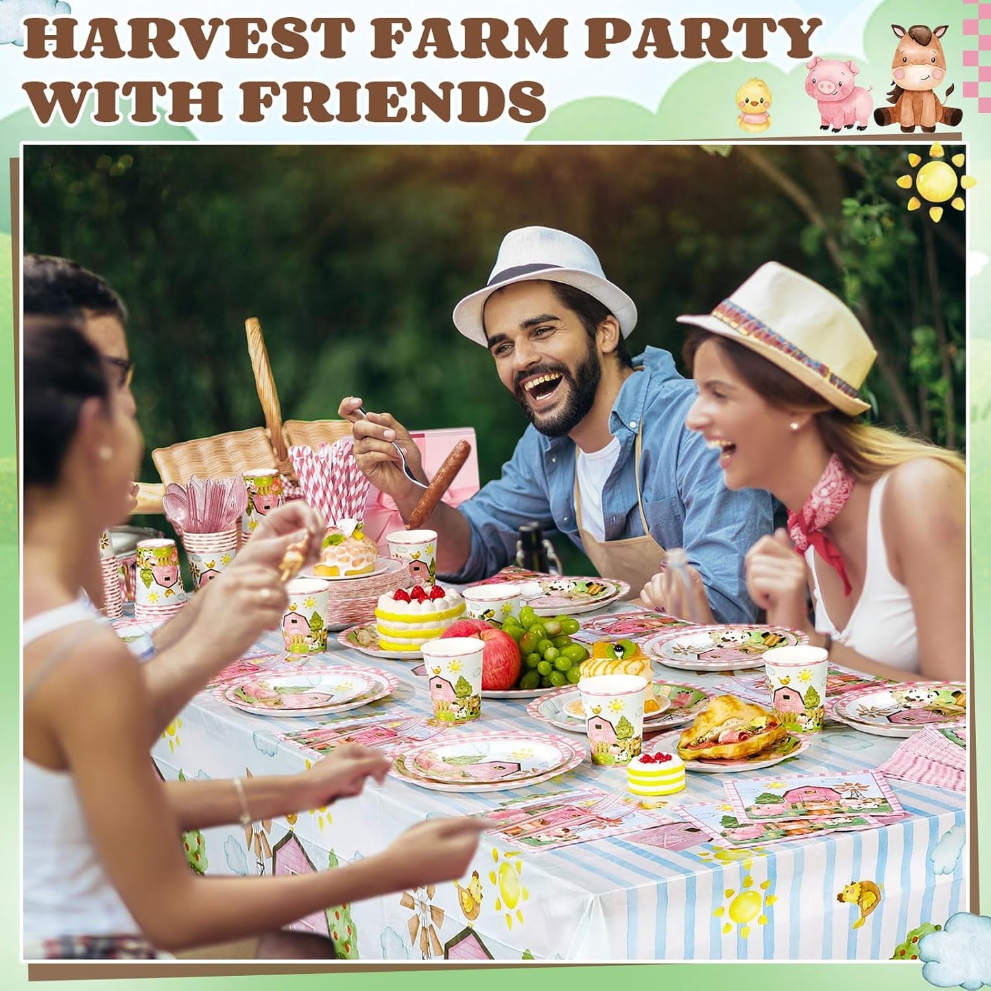 452 Pcs Pink Farm Animal Birthday Decorations for 50, Barnyard Animal Paper Plates Napkins Cups Tablecloth Cutlery Straws Barn Farm Tableware Set for Birthday Baby Shower Party Supplies