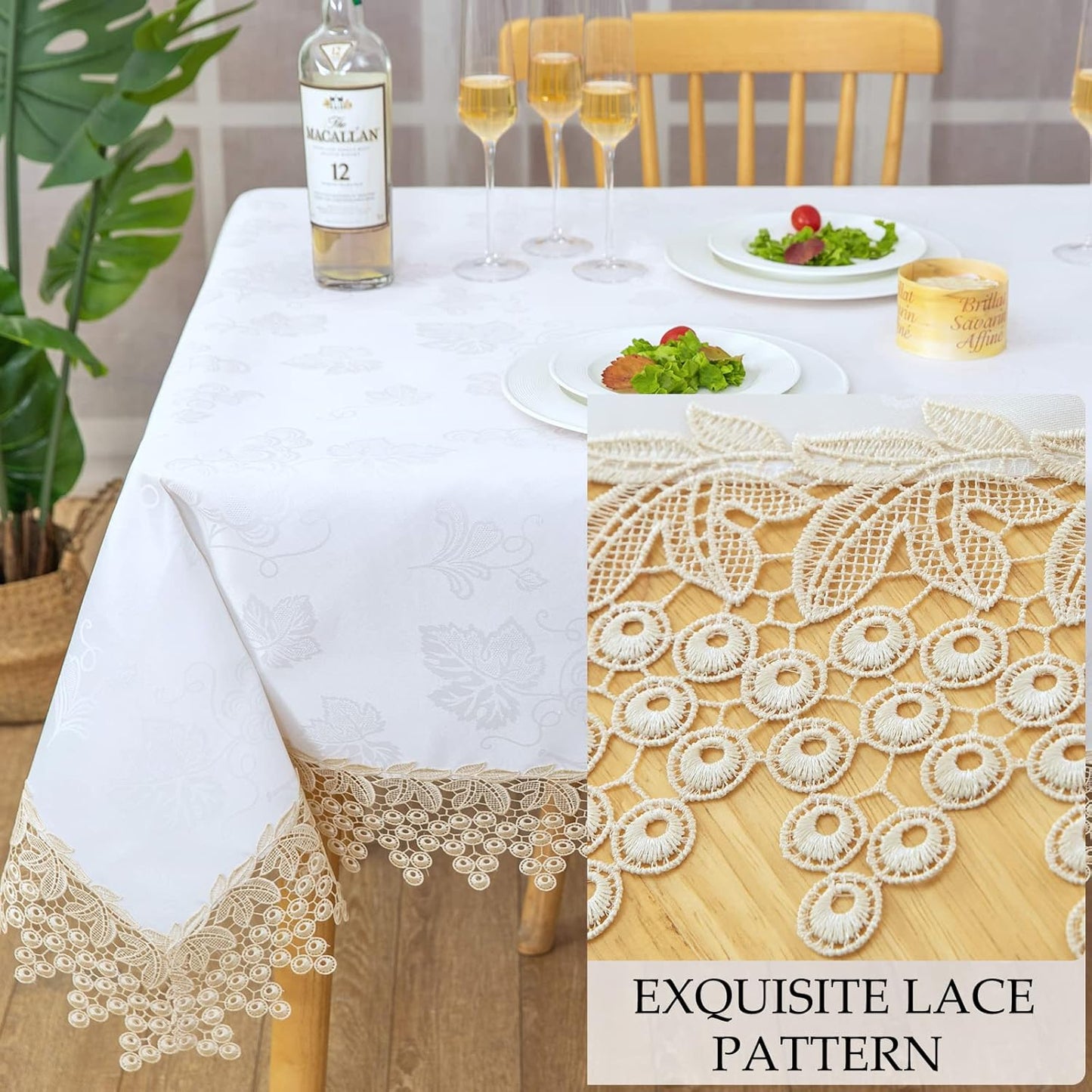 Beige lace Premium Rectangle Farmhouse Tablecloth Waterproof OilProof SpillProof AntiShrink Soft Wrinkle Resistant Decorative Fabric Table Cover Kitchen Dinning Party Wedding Banquet