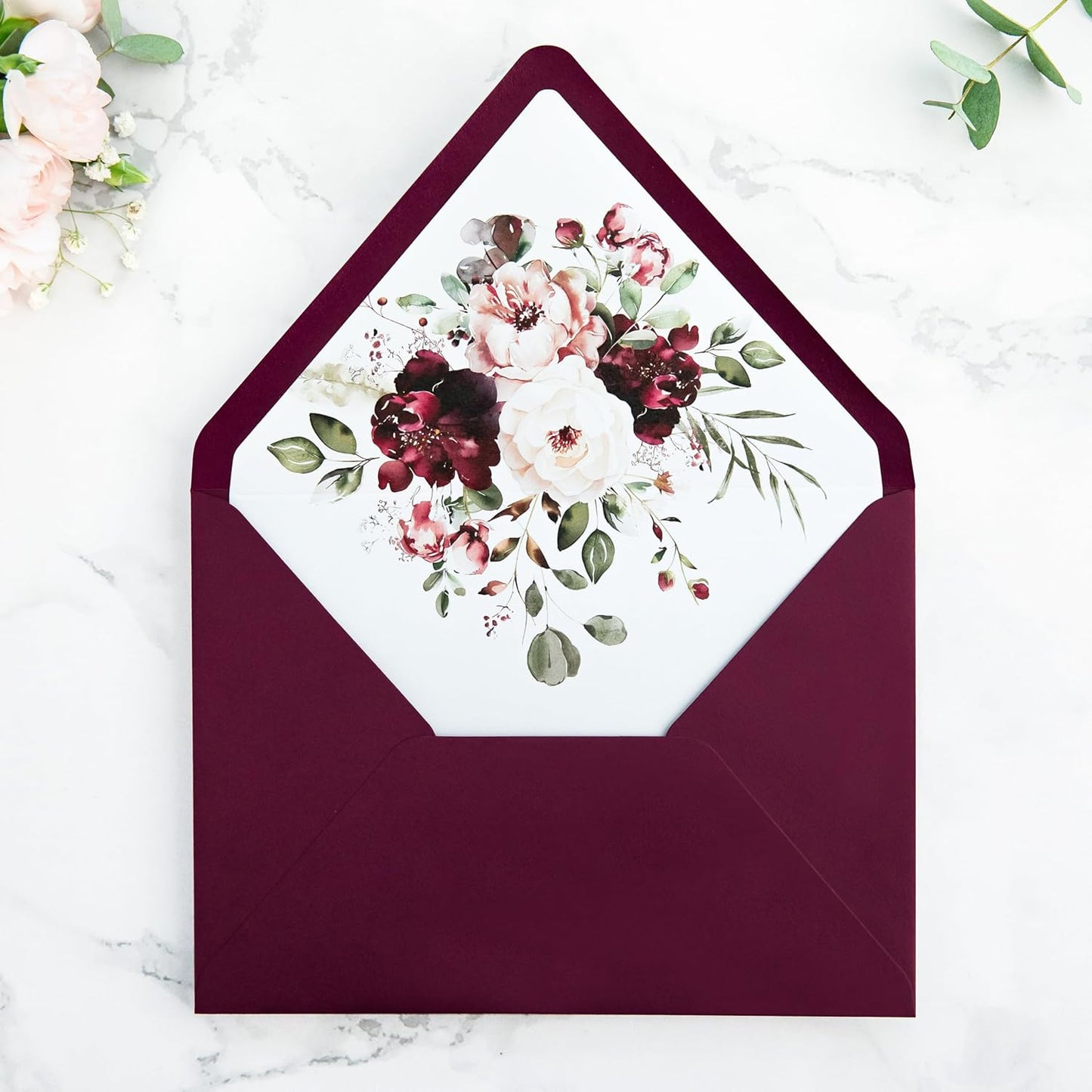 PONATIA 50PCS A7 Euro Flap Envelopes, 5.25 x 7.25'' Burgundy Flowers Liner Envelope for 5x7'' Wedding Invitation Cards, Christmas Gift Cards, Acrylic Invitations, Photos