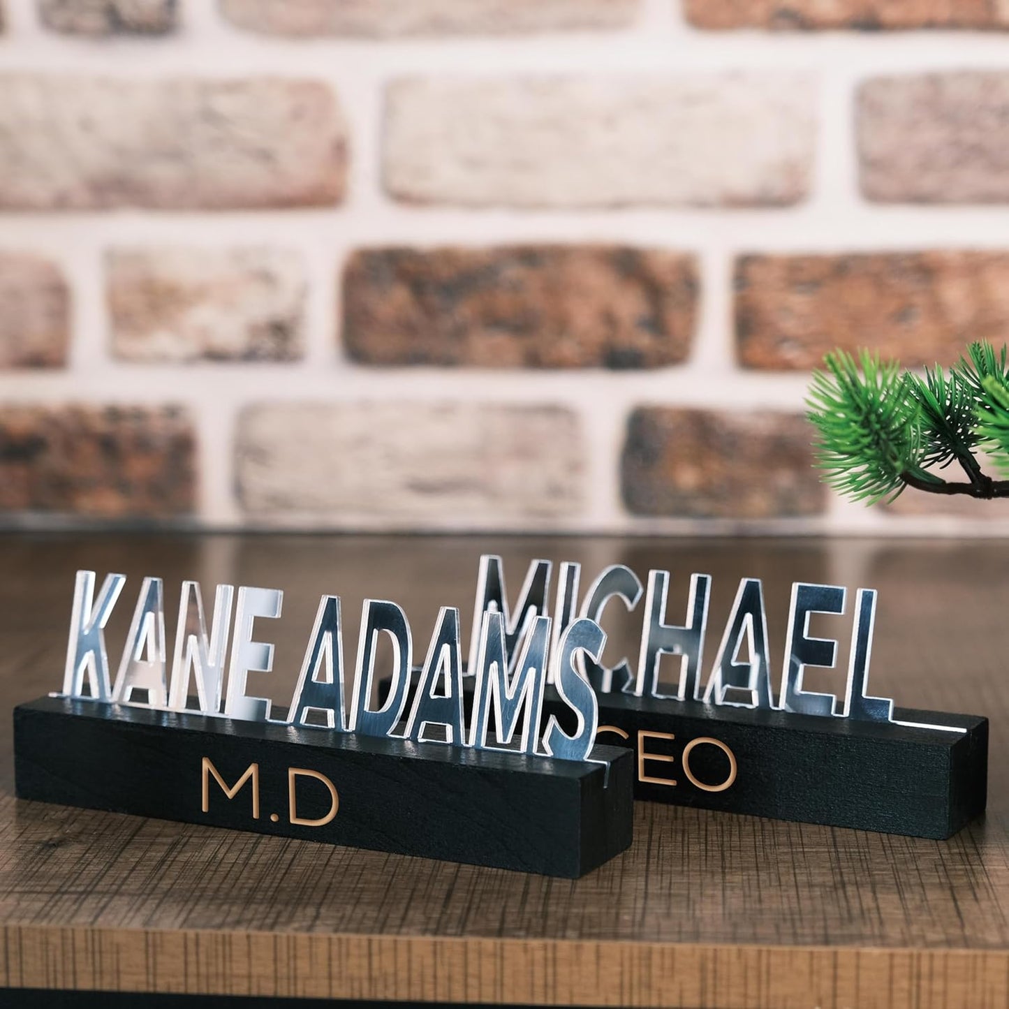 Personalized Silver Desk Name Plate – Custom Engraved Name Sign with Black Beech tree Base – Modern Office Name Tag Gift for Boss, Teacher, Coworker, or Professional – Handmade Desktop Decor