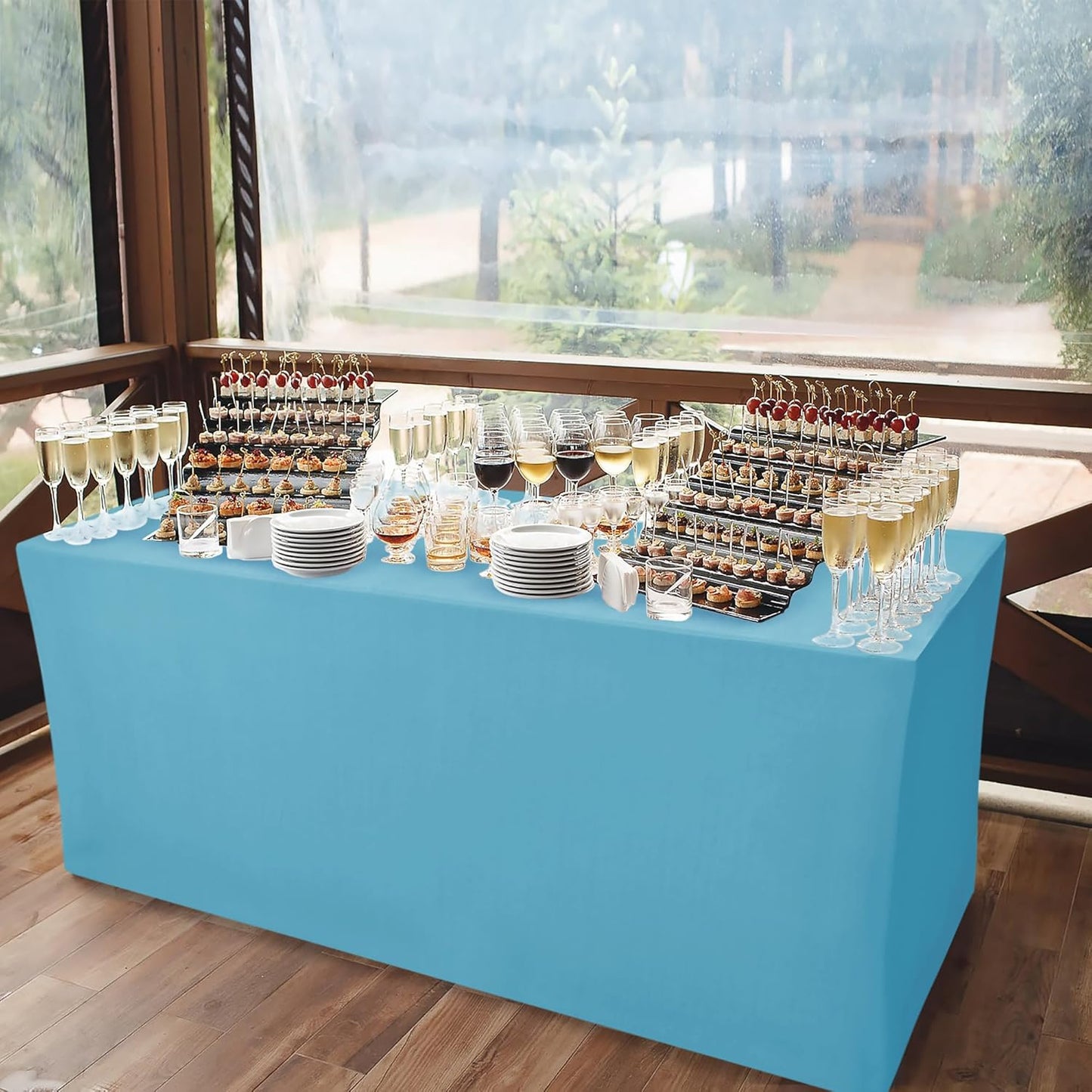 Nasitos Fitted Table Covers Stretch Spandex - 96 x 30 Inch - 2 Pack Turquoise Rectangle Table Clothes for 8 Foot Folding Tables, Fabric Tablecloths for Parties, Trade Show, Craft Show