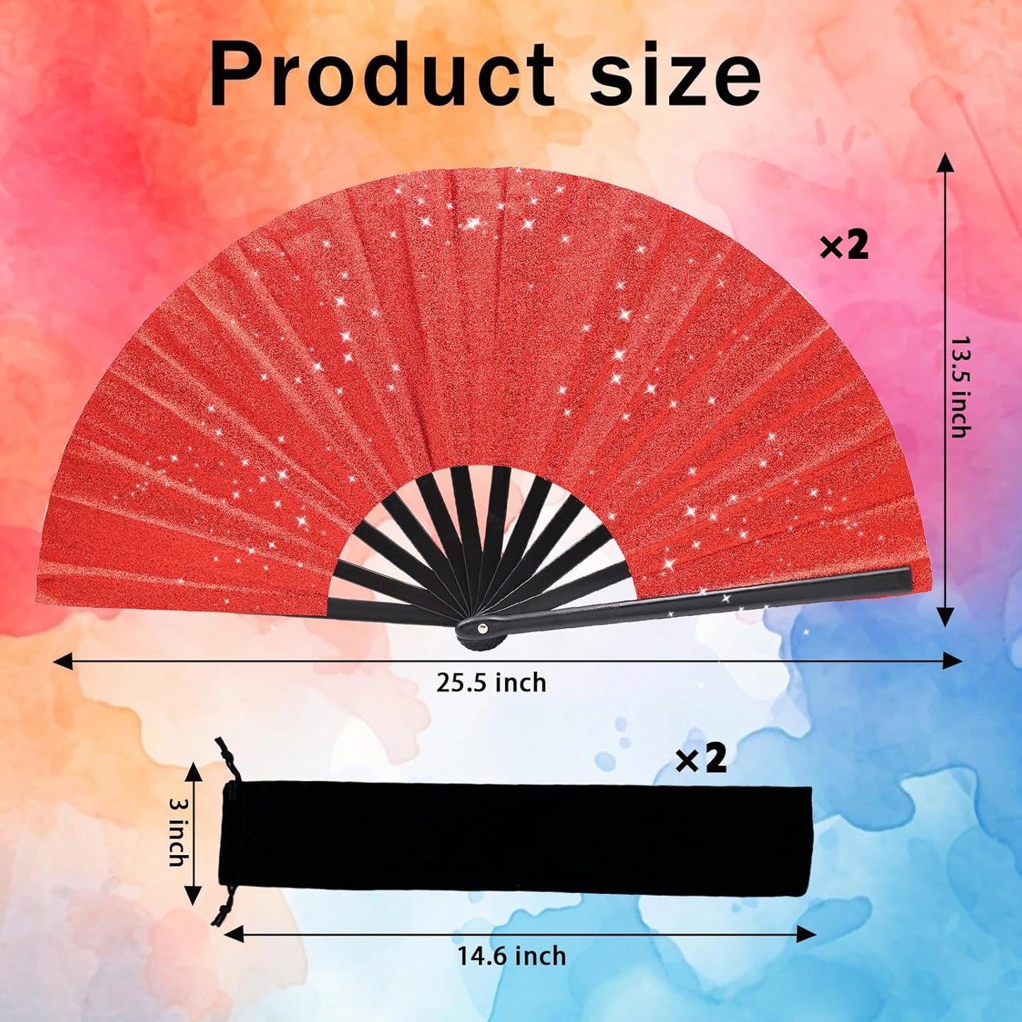 Glitter bling Large Folding Fan-Hand Fan Rave Clack Popping Fan for Line Dancing Clacking Fans for Boots On The Ground Dance, Party for EDM, Music Festival, Hot Flashes, Party, Decoration(2pcs red)