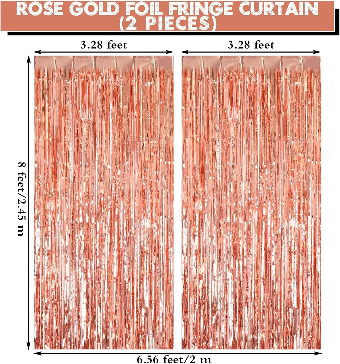 2 Pack Rose Gold Fringe Curtains Foil Shiny Fringe Backdrop Tinsel Door Streamers Foil Curtains for Birthday Wedding Engagement Bridal Shower Celebration Party Decorations Large