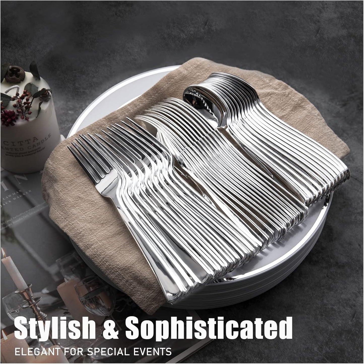 WDF 160 Pieces Silver Plastic Silverware - Silver Disposable Silverware - Plastic Silverware Heavy Duty - 80 Forks 40 Knives 40 Spoons - Disposable Cutlery Perfect for Christmas Wedding/Party