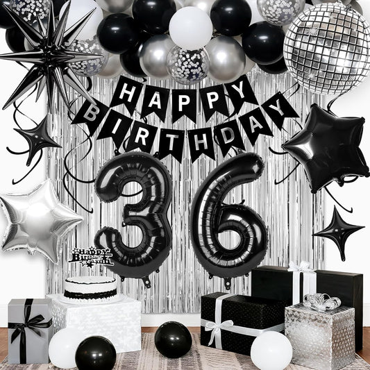 36th Birthday Decorations for Men Women, Black Silver Happy Birthday Party Decorations， 36 Year Old Party Supplies with Number 36 Balloons, Banner, Fringe Curtains Kit