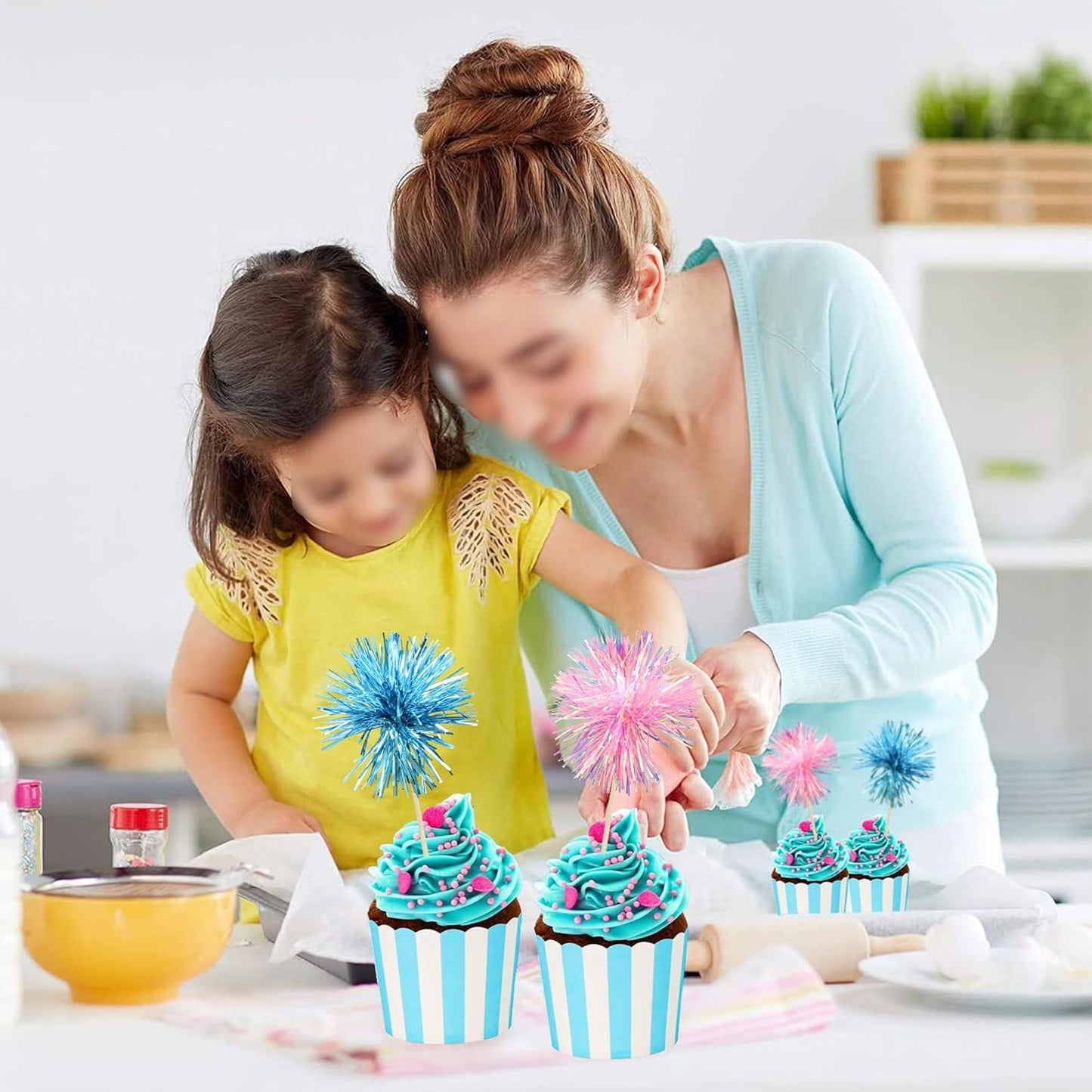 Ephlyn 30Pcs Foil Firework Cupcake Toppers Sparkle Tinsel Cupcake Picks Happy Birthday Cake Decorations Drink Stirrers Cocktail Food Toothpicks for Baby Shower Graduation Party Supplies Blue Pink