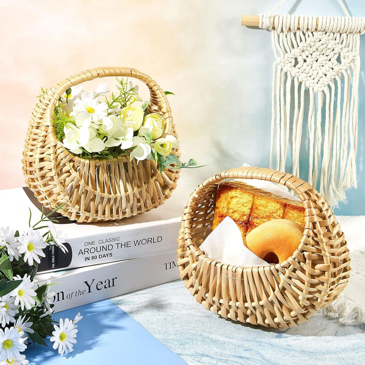 Taiyin 3 Pack Rattan Flower Girl Basket Small Half Moon Straw Wicker Basket with Handle Ideal for Wedding Flower Girl,Picnic,Garden Storage and Home Decor (Nature)