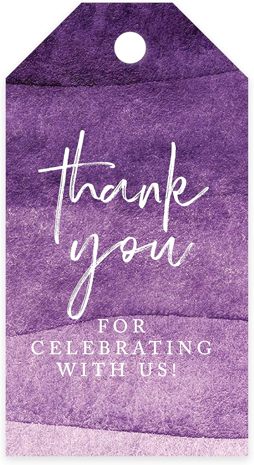 Andaz Press 100-Pack Thank You for Celebrating with Us Favor Tags Purple Watercolor Cardstock Gift Tags with Bakers Twine for Wedding Baby Shower Bridal Shower Birthday Party Favors 2 x 3.75-Inches
