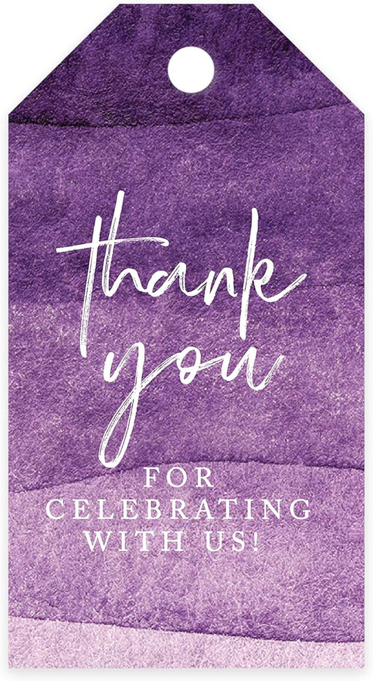 Andaz Press 100-Pack Thank You for Celebrating with Us Favor Tags Purple Watercolor Cardstock Gift Tags with Bakers Twine for Wedding Baby Shower Bridal Shower Birthday Party Favors 2 x 3.75-Inches