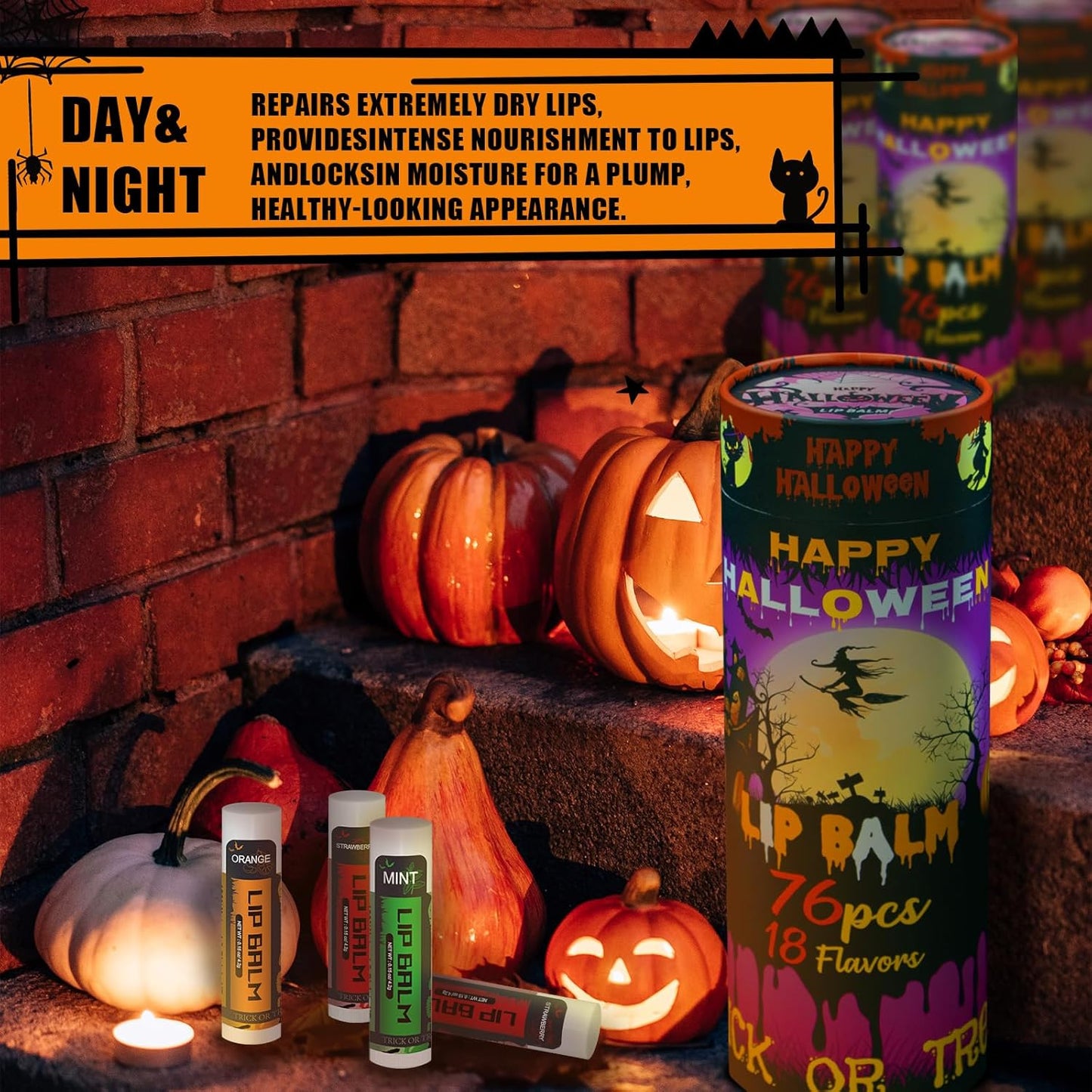 Yopela 76 Pack Halloween Natural Lip Balm Bulk with Vitamin E and Coconut Oil Lip Care Set - Moisturizing, Soothing, and Repairing Dry and Chapped Lips