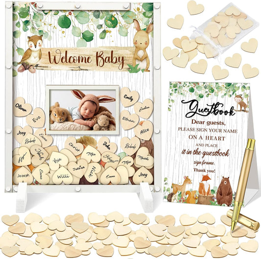 65 Pcs Woodland Animal Baby Shower Guest Book Alternatives He or She Gender Reveal Baby Shower Decorations Sign in Guest Book with Picture Frame and 60 Wooden Chip