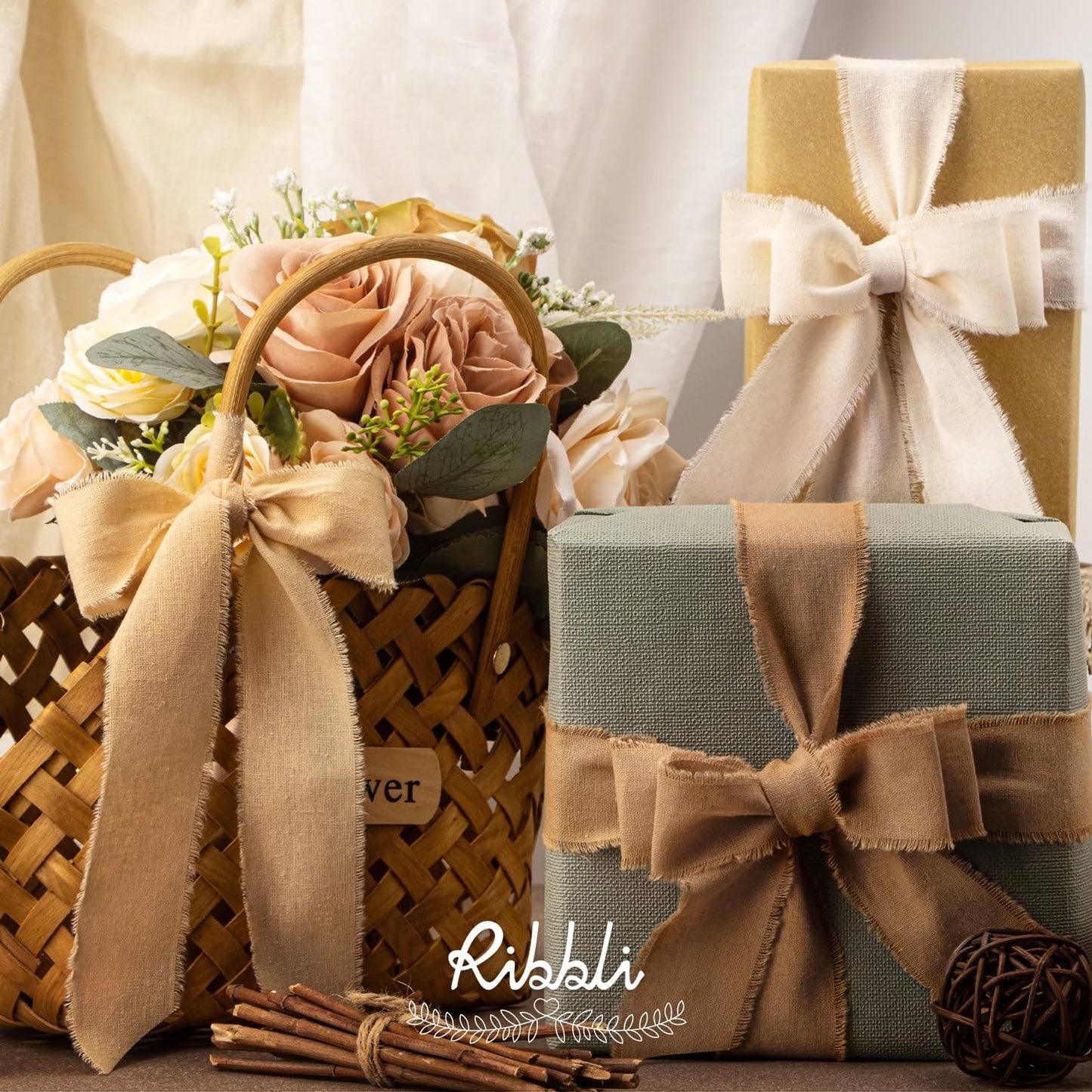 Ribbli 3 Rolls Beige Ribbon 1.5 Inch x 18Yards Ivory Nude Khaki Handmade Cotton Frayed Fringe Ribbons for Gift Wrapping Wedding Invites Bridal Bouquets Baby Shower DIY Crafts Home Decor