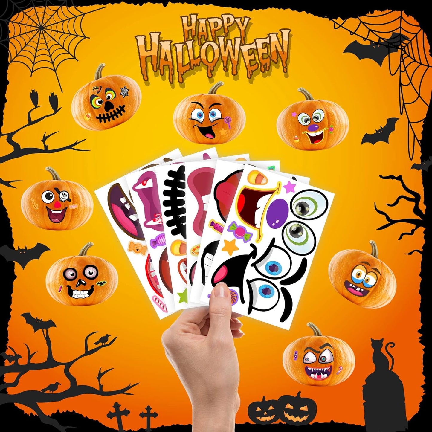 48Packs Pumpkin Decorating Kit, Make Your Own Small Pumpkin face Stickers, Halloween Pumpkin Decorating Stickers for Kids Halloween Party Favors