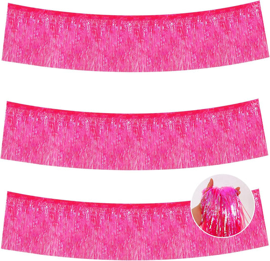 BEISHIDA 3 Packs Metallic Foil Fringe Garland Shining Dark Pink Wall Hanging Tinsel Fringe Banners for Car Floats Bridal Shower Wedding Birthday Easter Graduation Holiday Party Decoration(30 Feet)