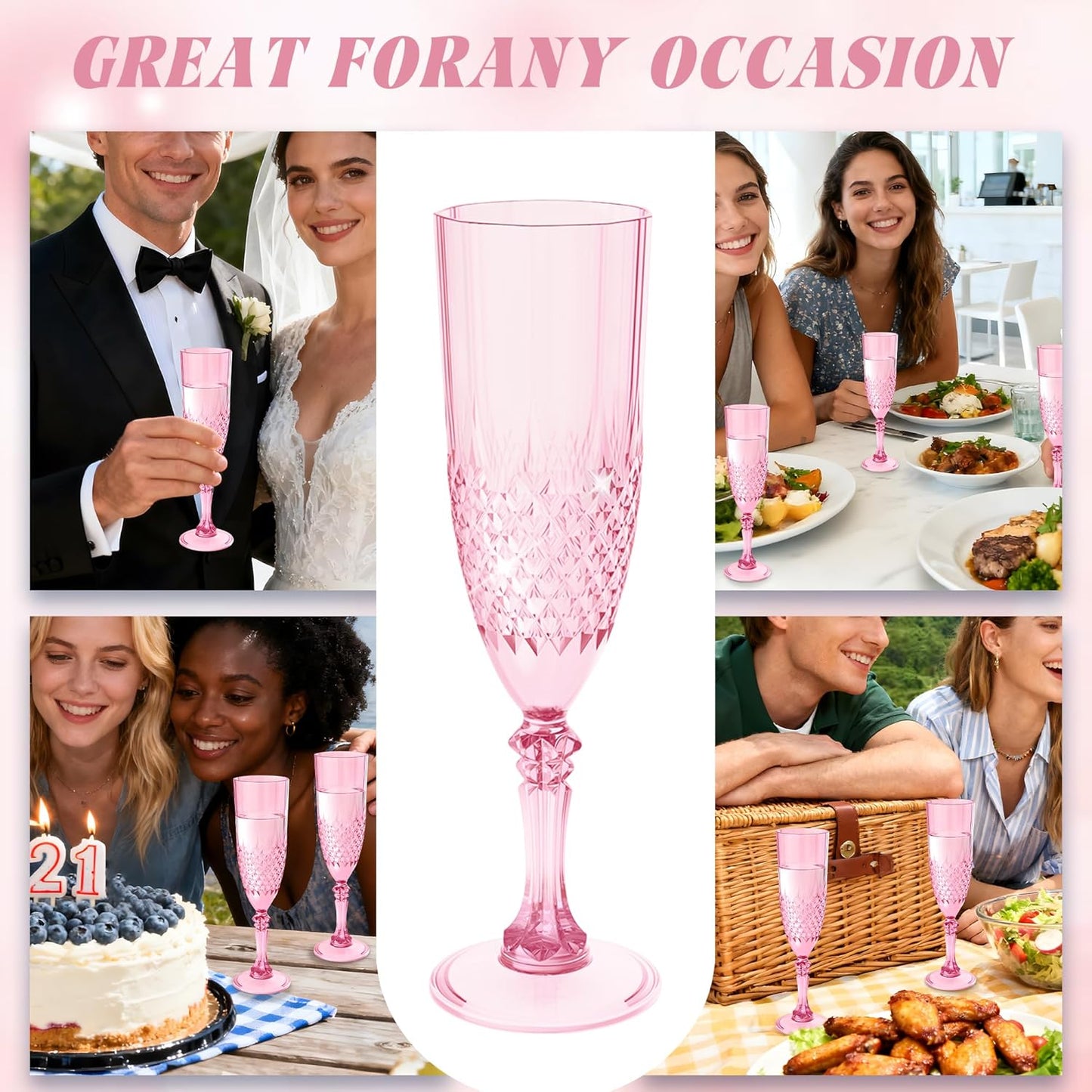 Plastic Champagne Flutes, 100PCS Pink Wine Glasses Goblets Cups Reusable Flute, for Weddings Bachelor Parties Toasting and Events(100, Pink)