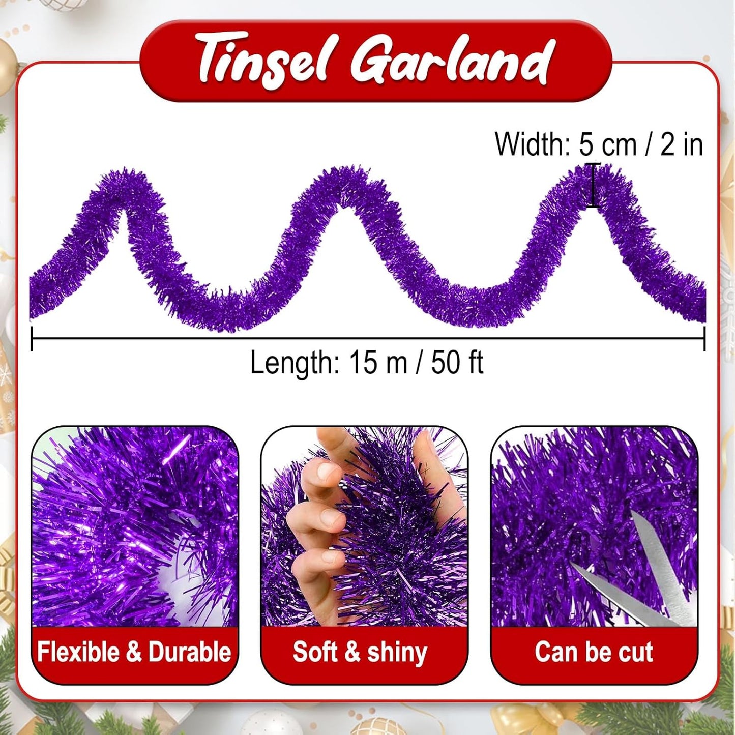 50 Feet Purple Christmas Tinsel Garland, Metallic Foil Twist Banner Wall Hanging Tinsel Streamers Backdrop for Parade Floats, Christmas, Mother's Day, Birthday Party Decorations(2in x 50ft)