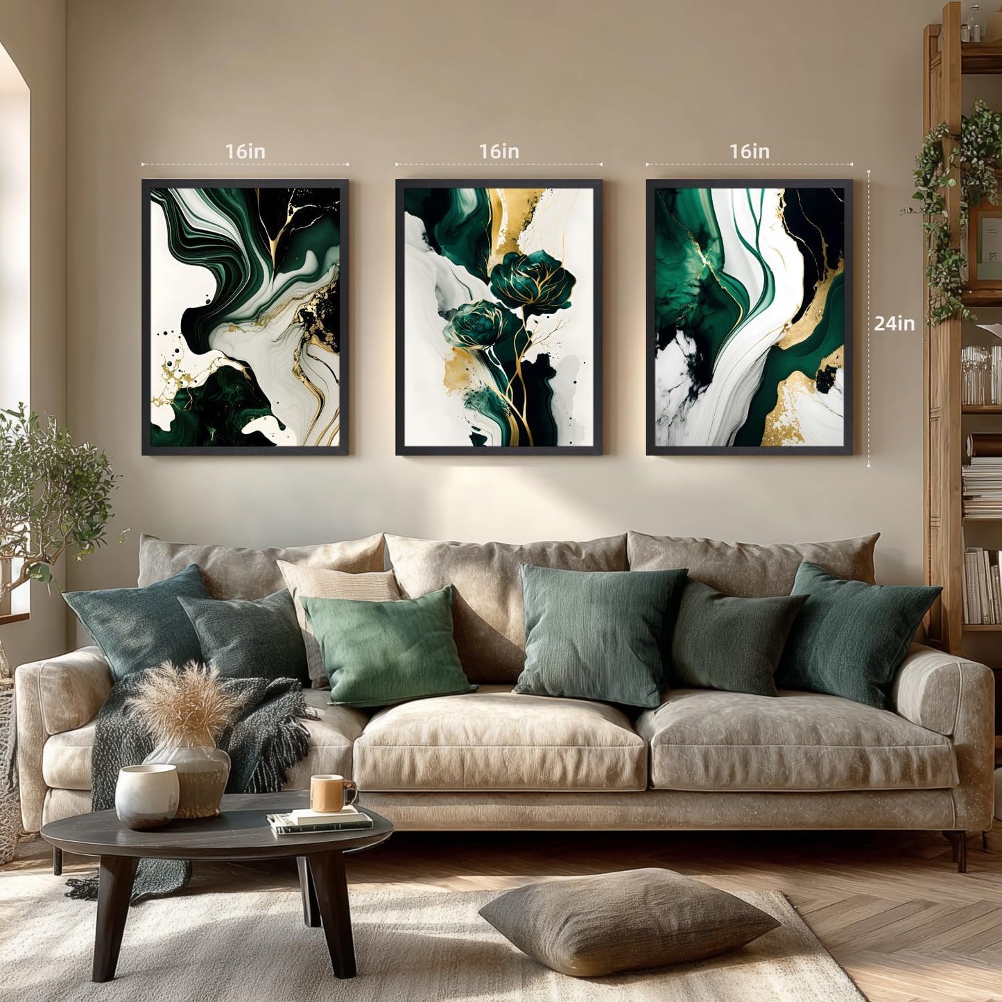 IAFWZX Wood Framed Green Gold Abstract Wall Art, Emerald Marble Textured Wall Decor, Contemporary Line Flower Canvas Paintings, Abstract Floral Poster Prints for Living Room Bedroom Office 16"x24"x3