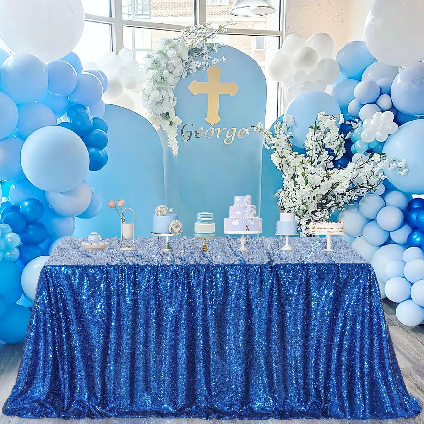 QueenDream Sequin Tablecloth Royal Blue Party Decorations: 60x102 Inch Glitter Table Cloth for Wedding Graduations Anniversaries Banquets
