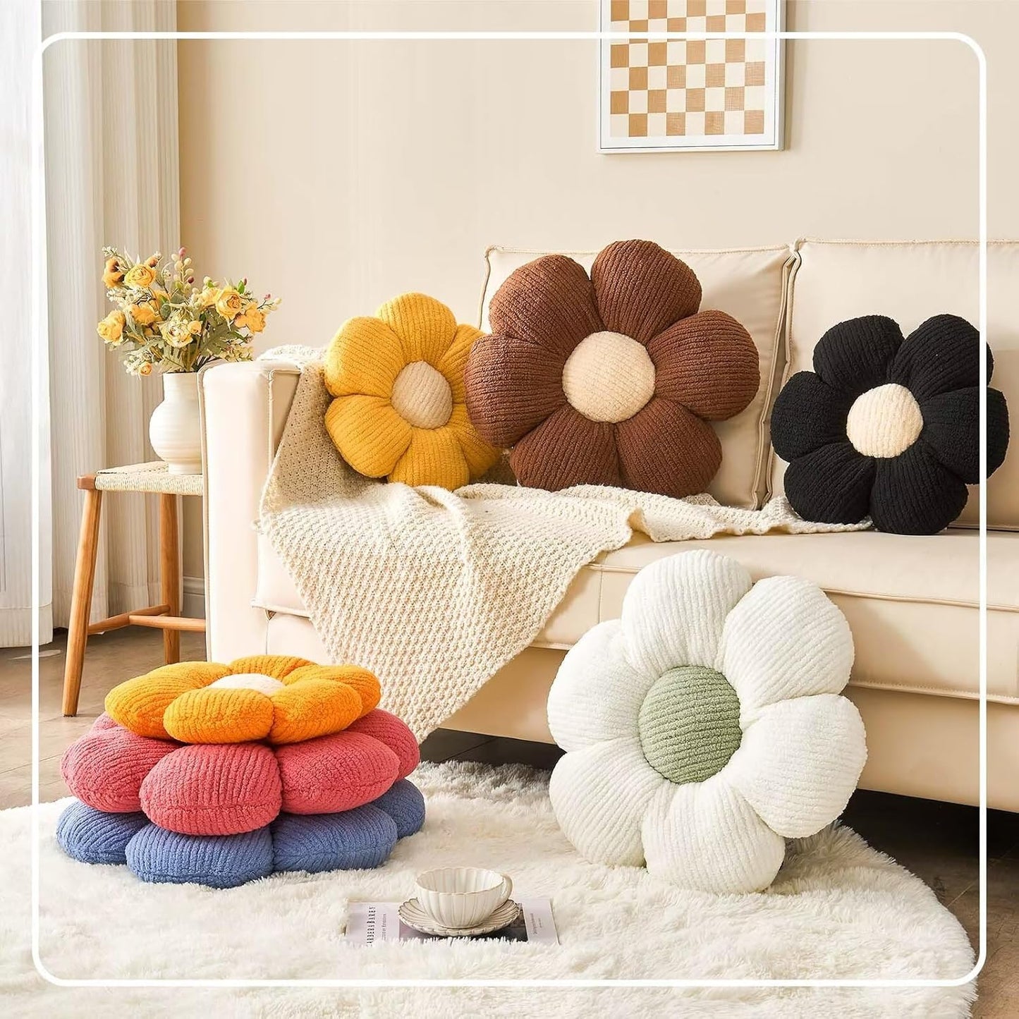 Flower Throw Pillow, Soft Black 19.6" Shaped Floor Pillow for Home Decor, Cute Aesthetic Plush Decorative Pillows for Bed, Sofa, Couch