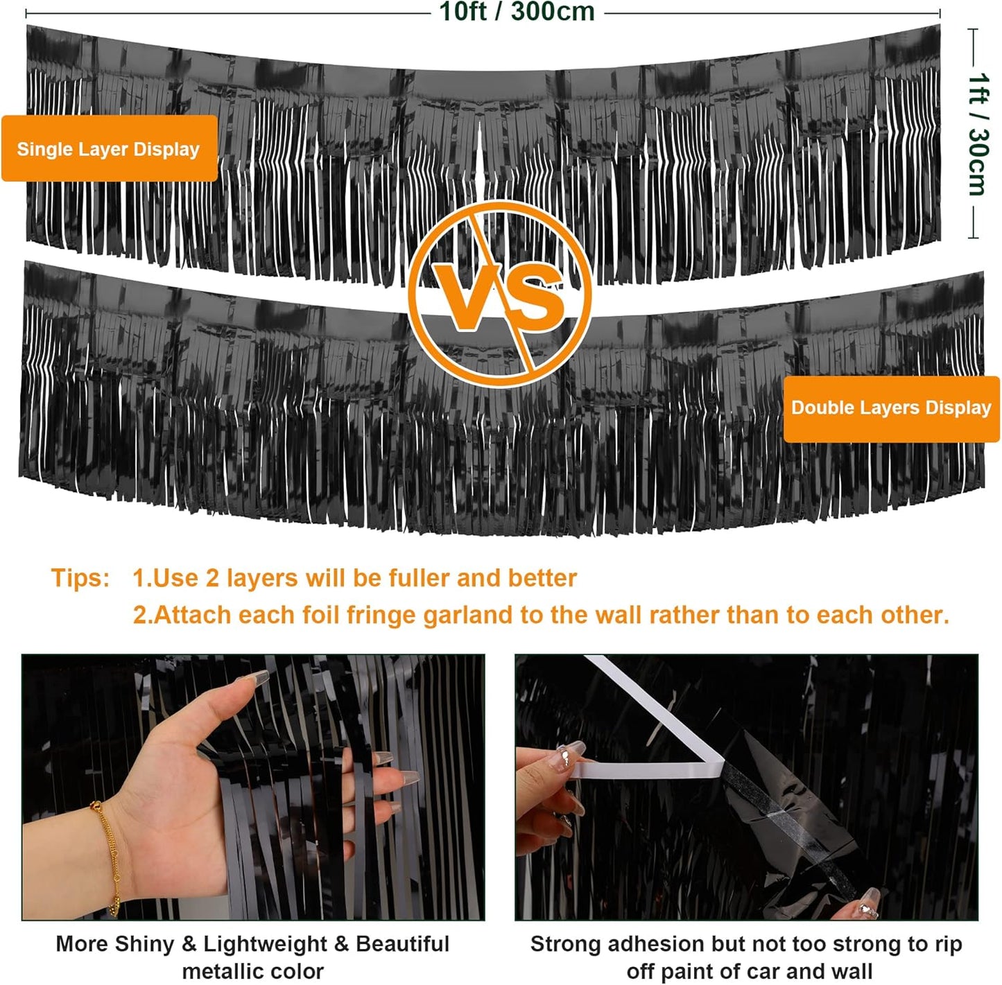 4 Pack Black Float Fringe Curtains, Metallic Foil Fringe Garland Shiny Tassel Foil Parade Float Decorations for Trailer Car Graduation Homecoming Outdoor Indoor Party