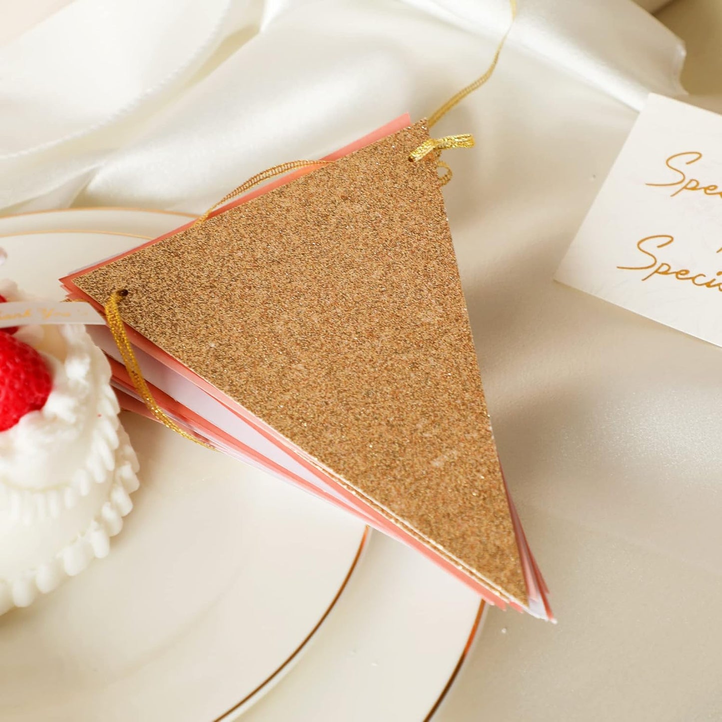 Fonder Mols 10-feet Vintage Flags of Paper Pennant Banner, Triangle Flags Bunting Banner Garland for Boho Wedding, Baby Shower, Girl Room Nursery Decoration (Ivory+Pink+Rose Gold Glitter)