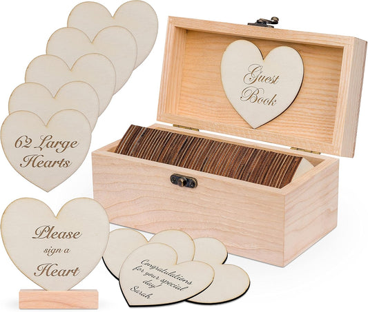Jecor Alternative Guest Book Box - Wedding Guest Book Alternative - 62 Large Wooden Hearts - Also for Baby Shower, Bridal Shower, Anniversary, Birthday, Retirement, Funeral Guest Book Alternatives