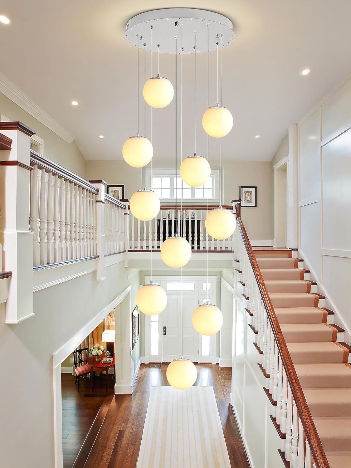 H118 Large Chandeliers for High Ceilings,12-Lights Mid Century Globe Chandelier Silver Modern Globe Pendant Light for Entryway Villas and Stairs