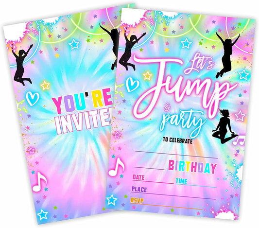 Tie Dye Trampoline Birthday Invitations,Let's Jump! Birthday Party Invite Cards（20 Count) With Envelopes, Fill In Style Invite Cards For Boys & Girls, Birthday Party Supplies-B06