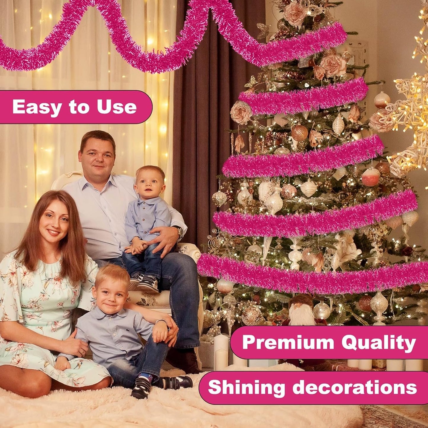 50 Feet Pink Christmas Tinsel Garland, Metallic Foil Twist Banner Wall Hanging Tinsel Streamers Backdrop for Parade Floats, Christmas, Mother's Day, Birthday Party Decorations(2in x 50ft)