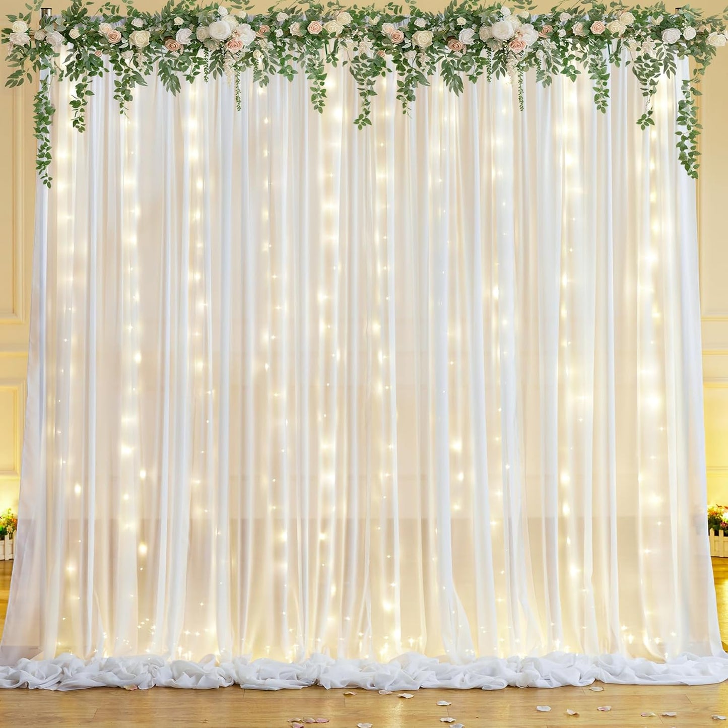 10x10ft White Sheer Backdrop Curtain with Lights String for Wedding, Fairy Light Up Curtain Backdrops for Baby Shower, Chiffon Photo Backdrop Drapes for Birthday Party Photo Shoot (5 x 10ft,2 Panels)