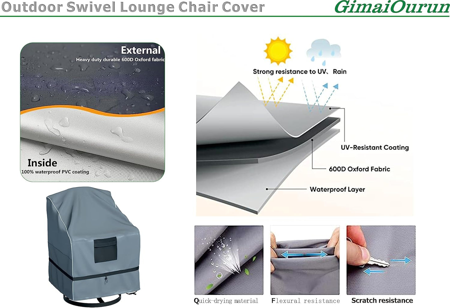 Outdoor Swivel Lounge Chair Cover 4 Pack, Waterproof Heavy Duty, (29 W x 31 D x 38.5 H inches), Gray