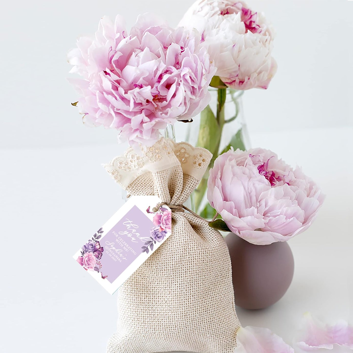 Andaz Press 40-Pack Personalized Quinceañera Favor Tags with String, Lilac Butterflies Custom Classic Thank You Gift Tags for Quince Años XV 15th Birthday Favor Gifts Quinceanera Decorations