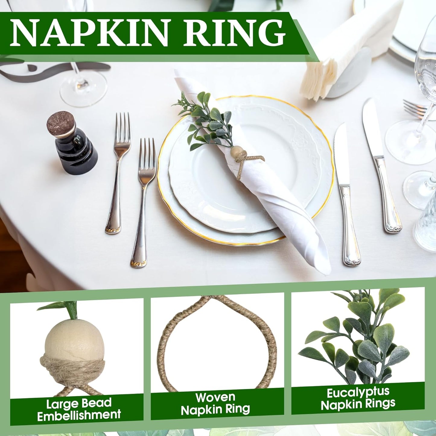 MAOANME Napkin Rings Set of 30, Rustic Eucalyptus Napkin Holder Rings with Wood Bead, Farmhouse Green Leaf Napkin Ring Bulk, Boho Napkin Ring for Wedding, Table Decor