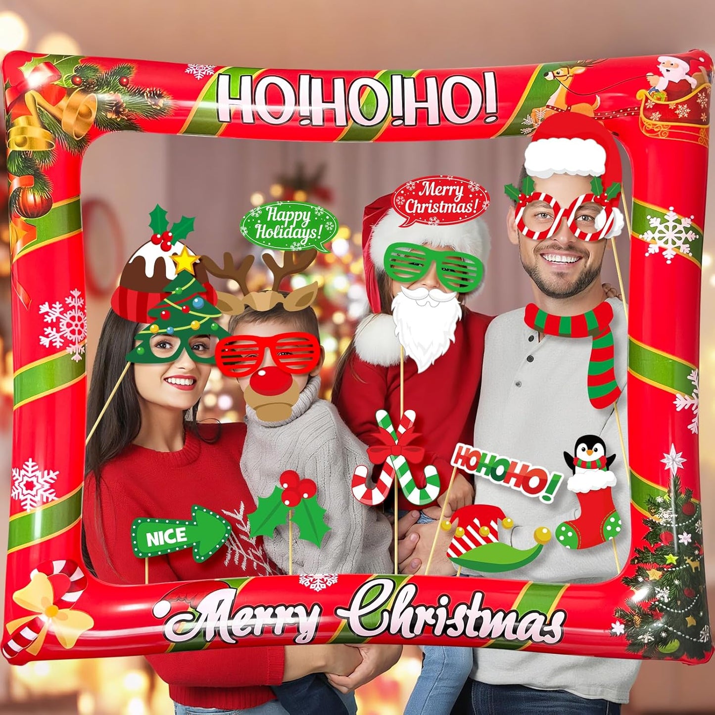 Christmas Photo Booth Props Inflatable Frame, 32Pcs Christmas Party Photo Booth Props with Inflatable Picture Frame Large for Xmas Holiday Party Selfie Supplies