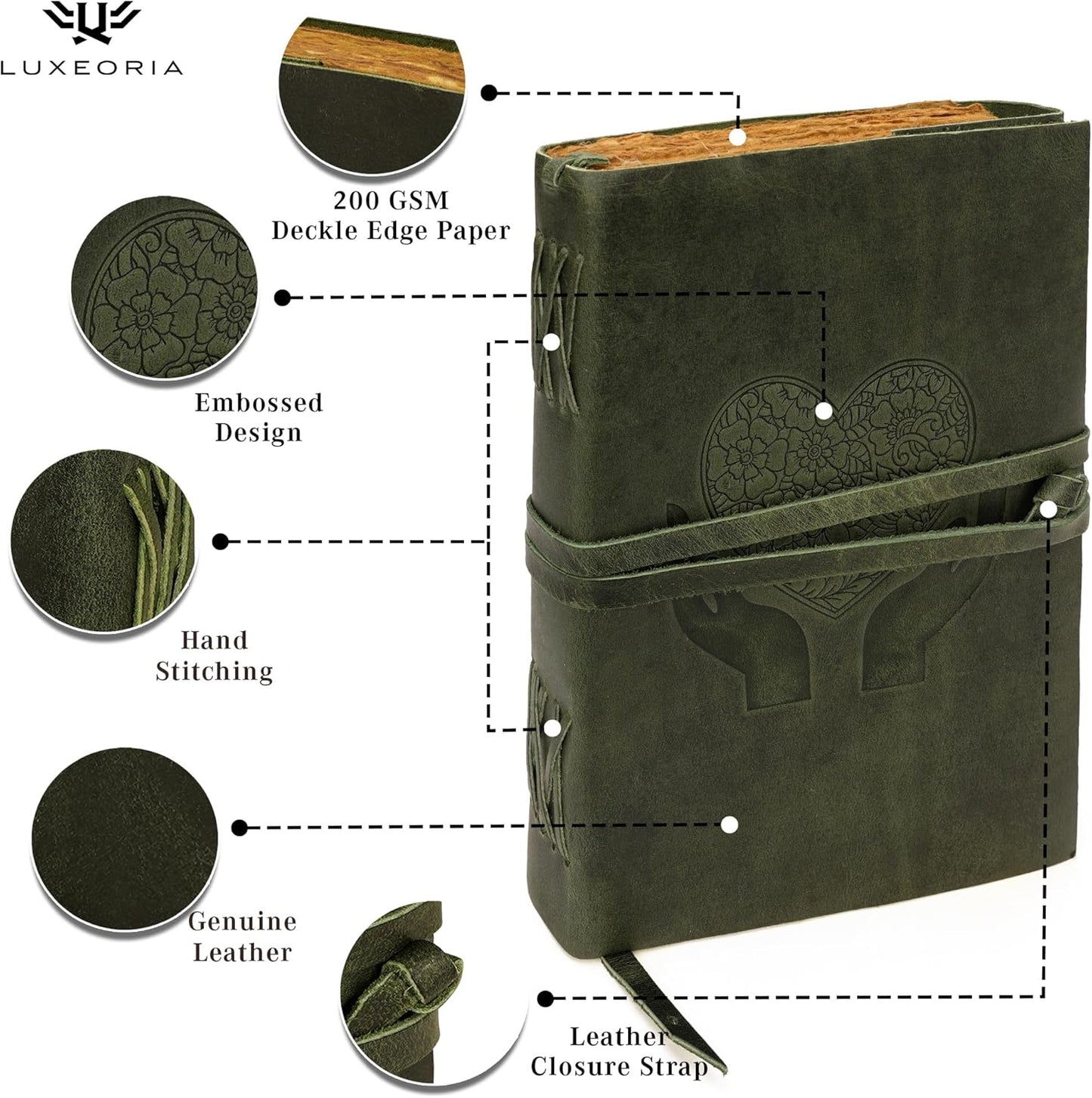 LUXEORIA Heart Journal for Women and Men, Handcrafted Leather Journal for Writing Womens, Sketchbook, Travel Diary with Unlined Deckle Paper, Dark Green 7x10