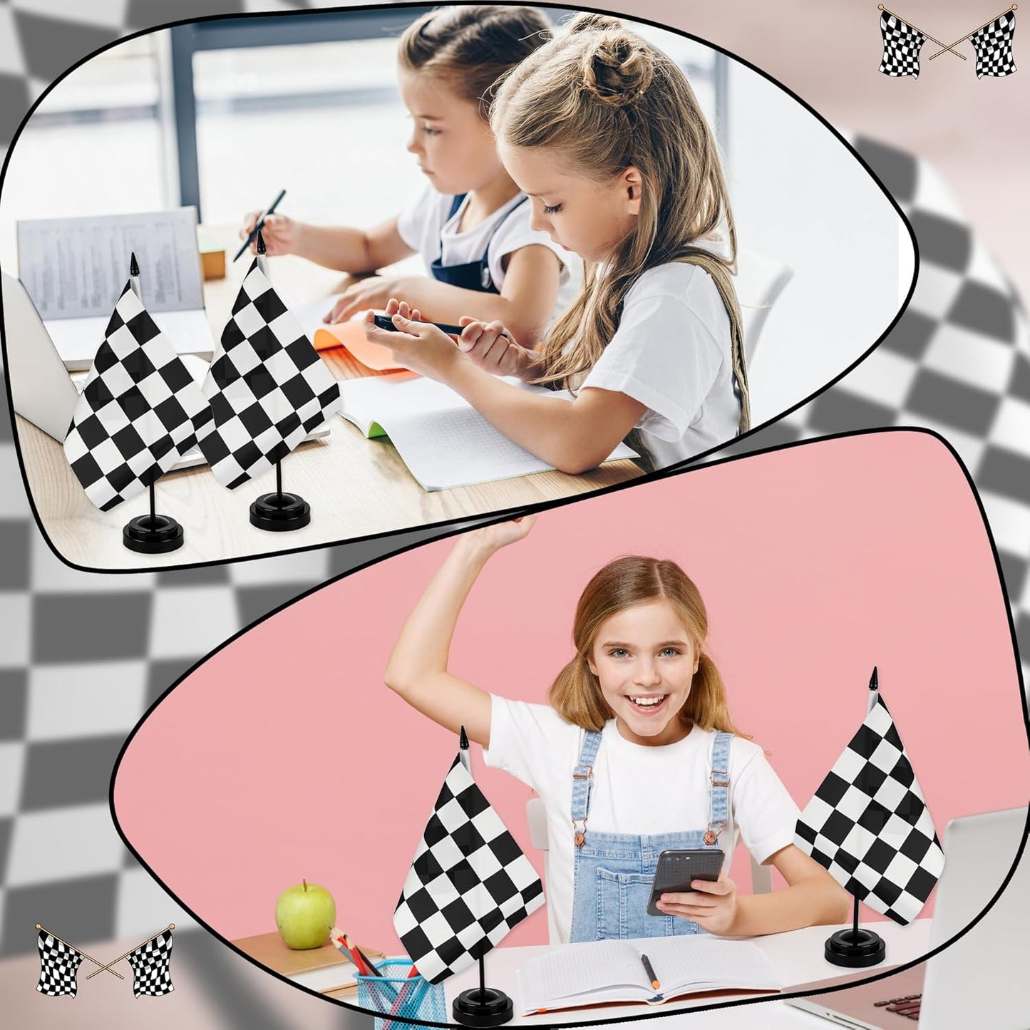 28 Pcs Black and White Checkered Racing Stick Flag Mini Race Car Office Table Desk Flags with Stand Base for Race Car Office Home Decorations and Party Celebrations