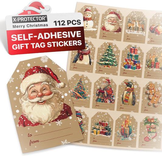 X-Protector Christmas Gift Tags 112 PCS - 3x2 in Christmas Wrapping Paper Name Tags - 5 Sheets of Self-Adhesive Xmas Present Labels Stickers - Peel and Stick Gift Wrap Tags!