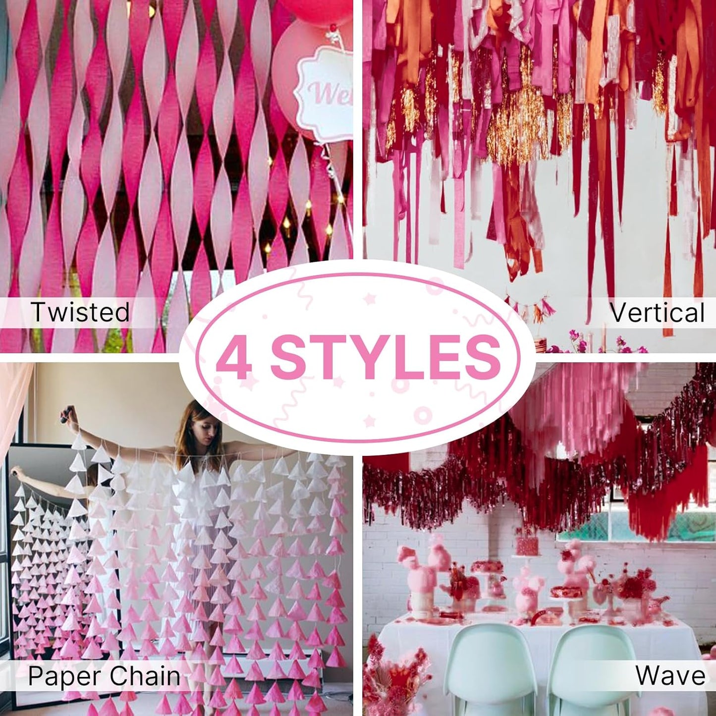 PartyWoo Crepe Paper Streamers 4 Rolls 328ft, Pack of Crepe Paper Pink and Burgundy Streamers Party Decorations, Crepe Paper for Birthday Party Decorations, Wedding Decorations (1.8 in x 82 Ft/Roll)