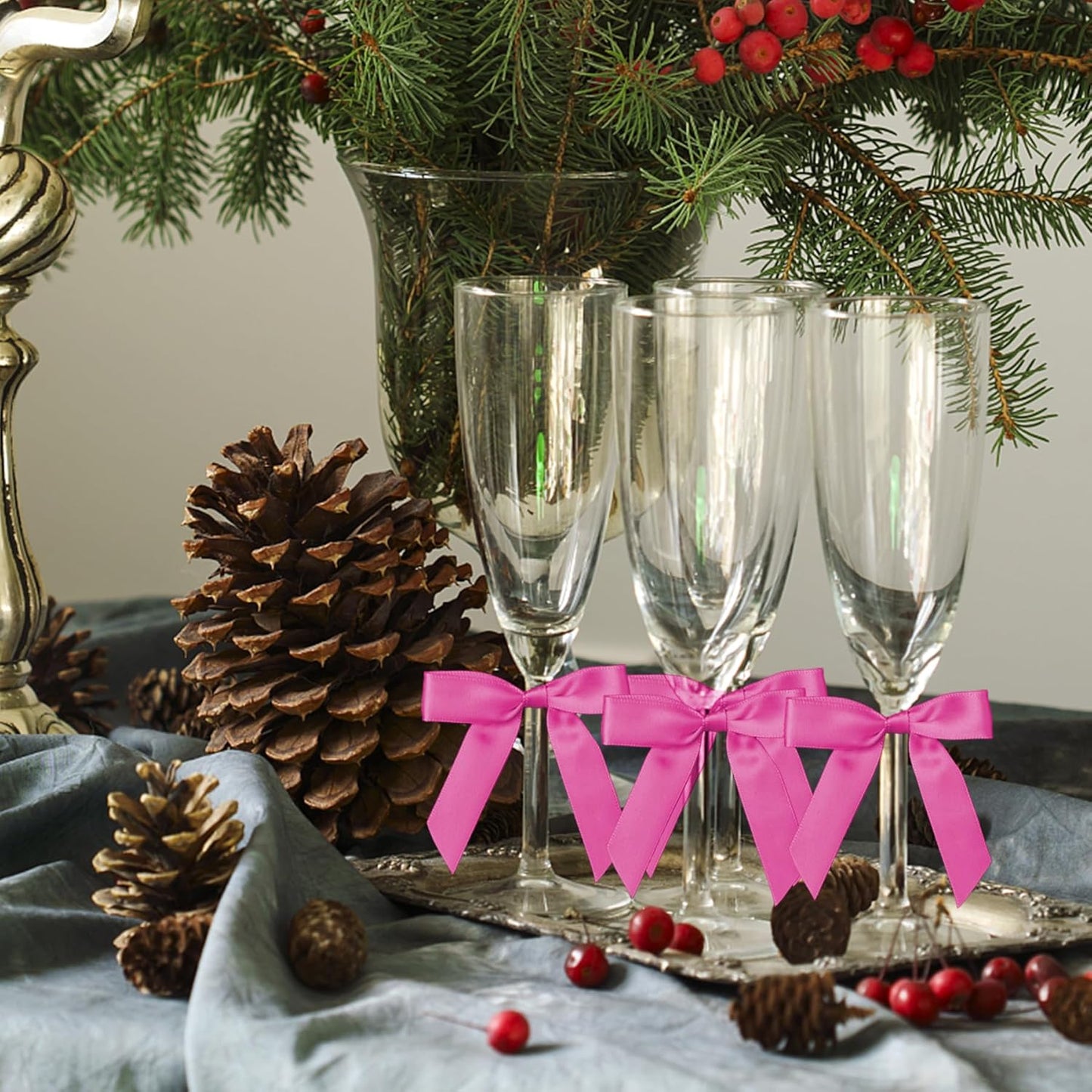 50Pcs Rose Red Twist Tie Bows for Gift Wrapping 2.5" Satin Ribbon Bow for Treat Bags Cake Balloons Birthday Party Favors Wedding Decorations