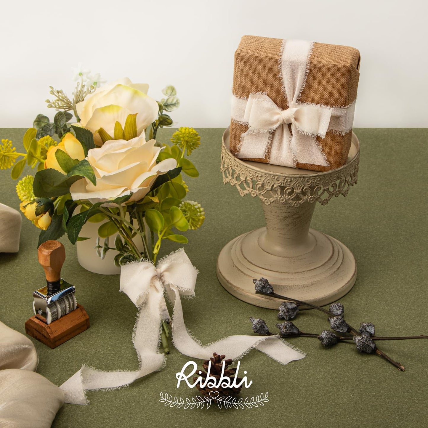 Ribbli Green Ribbon 1 Inch x 3 Rolls Total 24 Yards Ivory/Sage/Forest Green Handmade Fringe Chiffon Silk Ribbon for Wrapping Wedding Invitations Bridal Bouquets DIY Crafts Home Decor