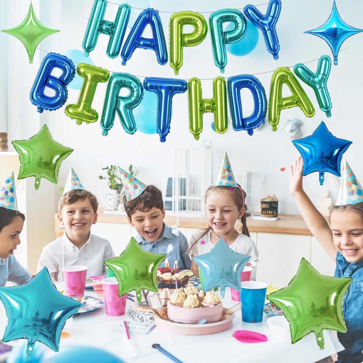 Happy Birthday Balloon Banner Blue Green, 16 Inch Mylar Foil Letter Balloons, Reusable Birthday Decorations with 8 Pcs Blue and Green Foil Balloons, Inflatable Party Supplies for Men Women Girls