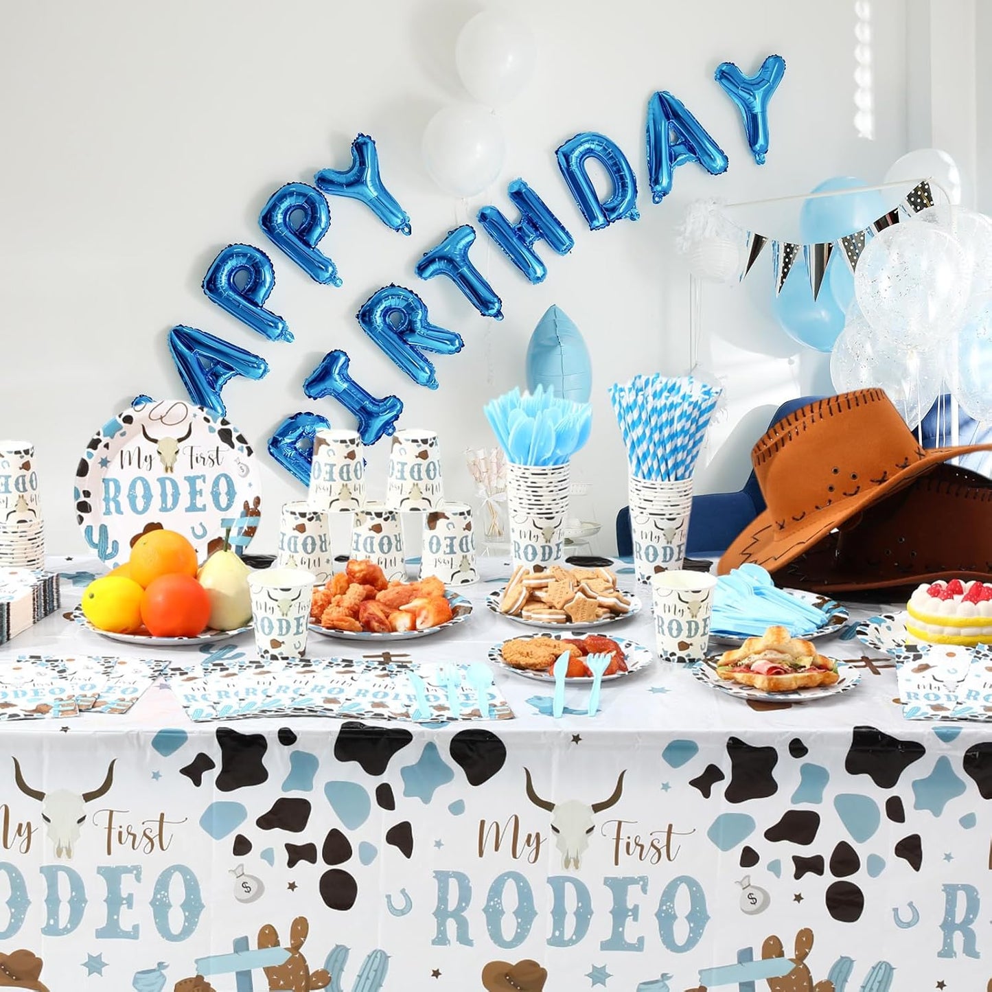 452 Pcs First Rodeo Decorations Boy, Blue Western Cowboy Paper Plates Napkins Cups Tablecloth Cutlery Straws for My 1st Rodeo Birthday Party Baby Shower Decorations Supplies for 50 Guests