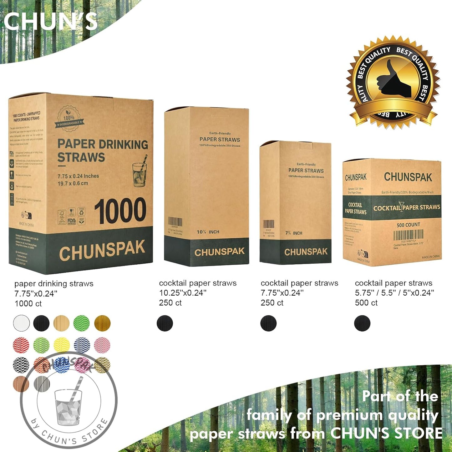 [1000 Count] 7.75 Inch Green/White Striped Paper Drinking Straws Bulk, 100% Biodegradable