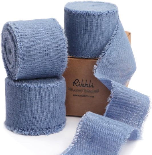 Ribbli 3 Rolls Dusty Blue Ribbon 1.5 Inch x 18Yards Handmade Cotton Frayed Fringe Ribbons for Gift Wrapping Wedding Invites Bridal Bouquets Baby Shower DIY Crafts Home Decor