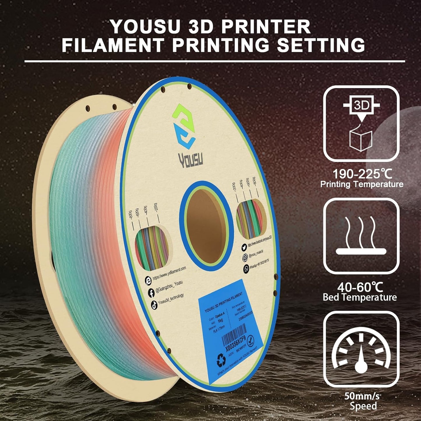 YOUSU PLA Filament Glow in The Dark Multicolor，Rainbow PLA Filament, Gradient 3D Printer Filament Color Change, 1kg(2.2lbs) Spool.