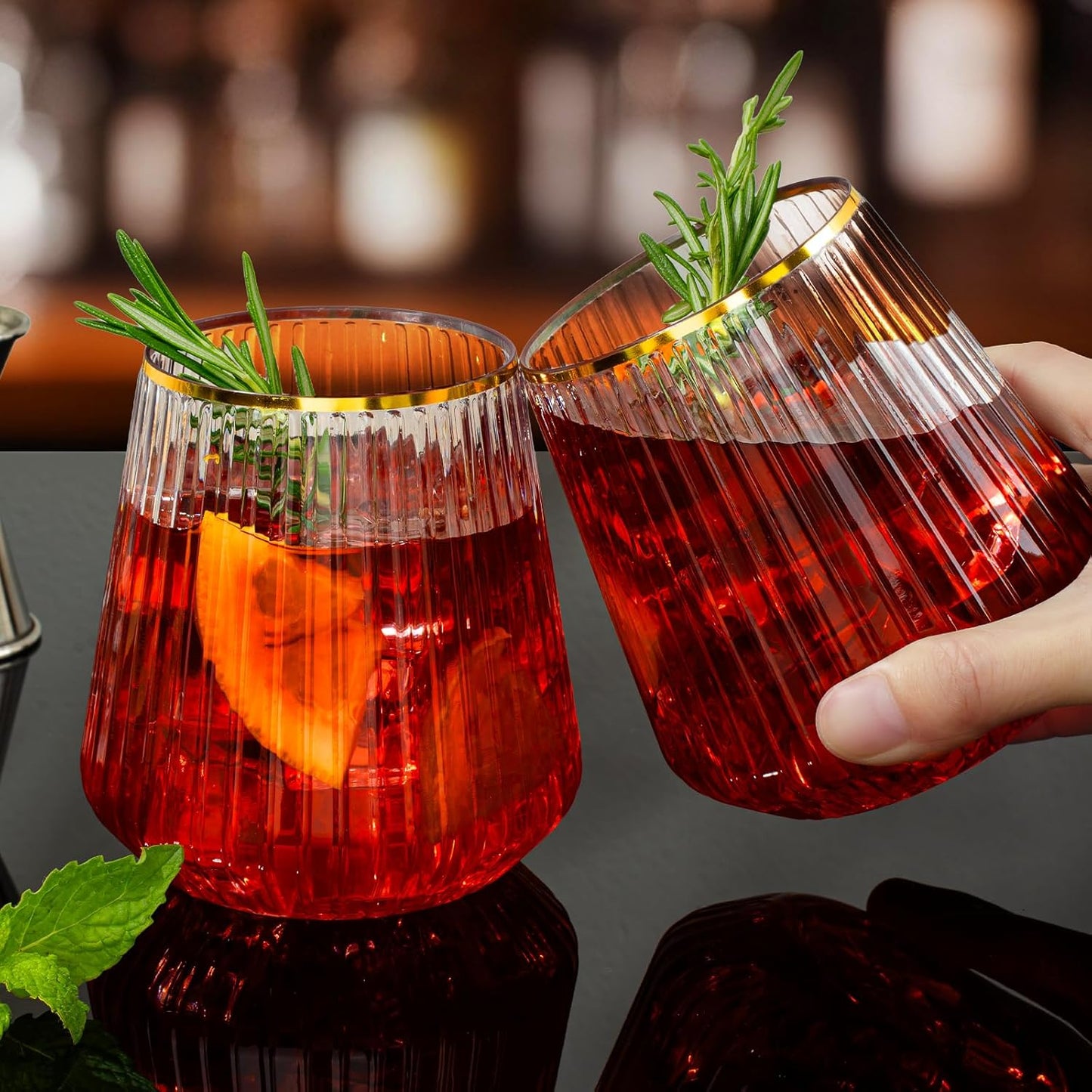 36 Pcs 12 oz Plastic Gold Rim Ribbed Wine Glasses, Reusable Champagne Glasses Elegant Whiskey Glasses Ideal for Weddings, Bars, Christmas, Halloween,Holidays,pool party,Daily Use