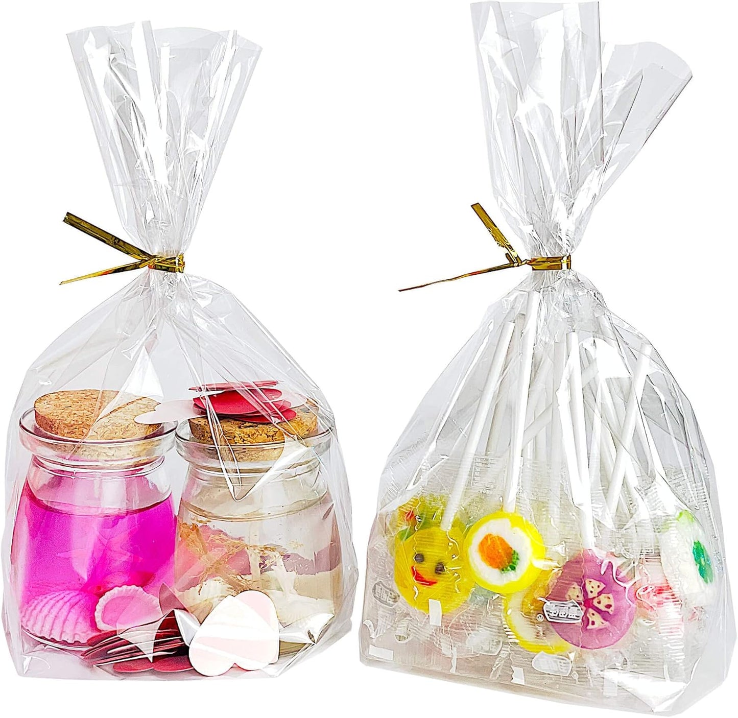 PigPotParty Cellophane Treat Bags 7"x10", 50 Pack Clear Goodie Bags, 3.2" Bottom Gusset for Stand-Up Display, Small Plastic Gift Wrap for Cookies, Candy, Party Favors, Popcorn, Includes 50 Gold Ties