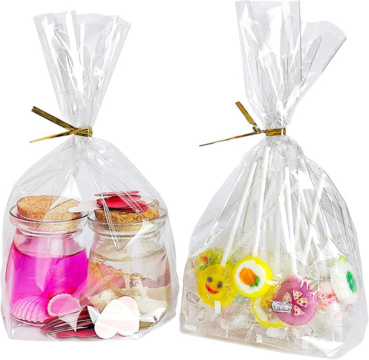 PigPotParty Cellophane Treat Bags 7"x10", 50 Pack Clear Goodie Bags, 3.2" Bottom Gusset for Stand-Up Display, Small Plastic Gift Wrap for Cookies, Candy, Party Favors, Popcorn, Includes 50 Gold Ties