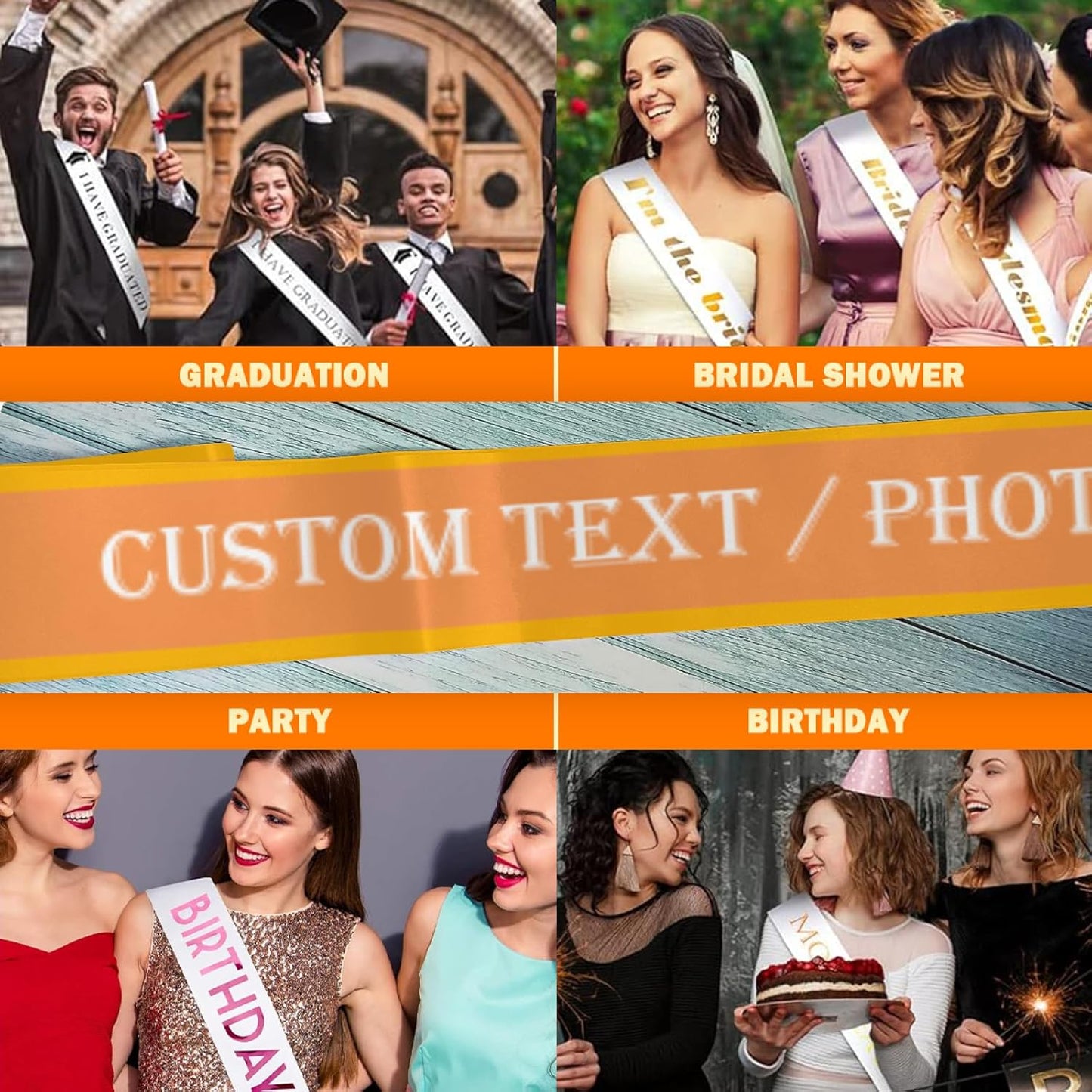 Custom Sash,Personalized Birthday Sash with Text Photo,Customized Bachelorette Sash Quote Sash Bride to Be Sash Color Optional (With decorative edge, Orange)